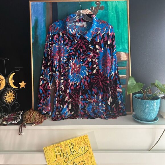 Chico's Bold Blue and Pink Floral Button Down Shirt Size 3 - Picture 3 of 16
